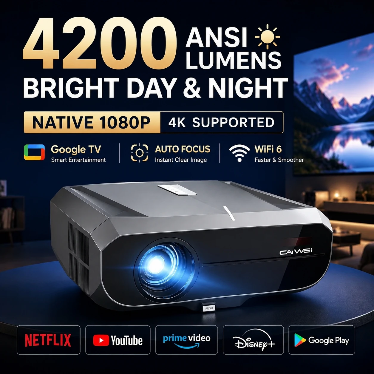 Home Cinema Experience - Proyektor 4200ANSI 900D Mendukung 4K, Resolusi